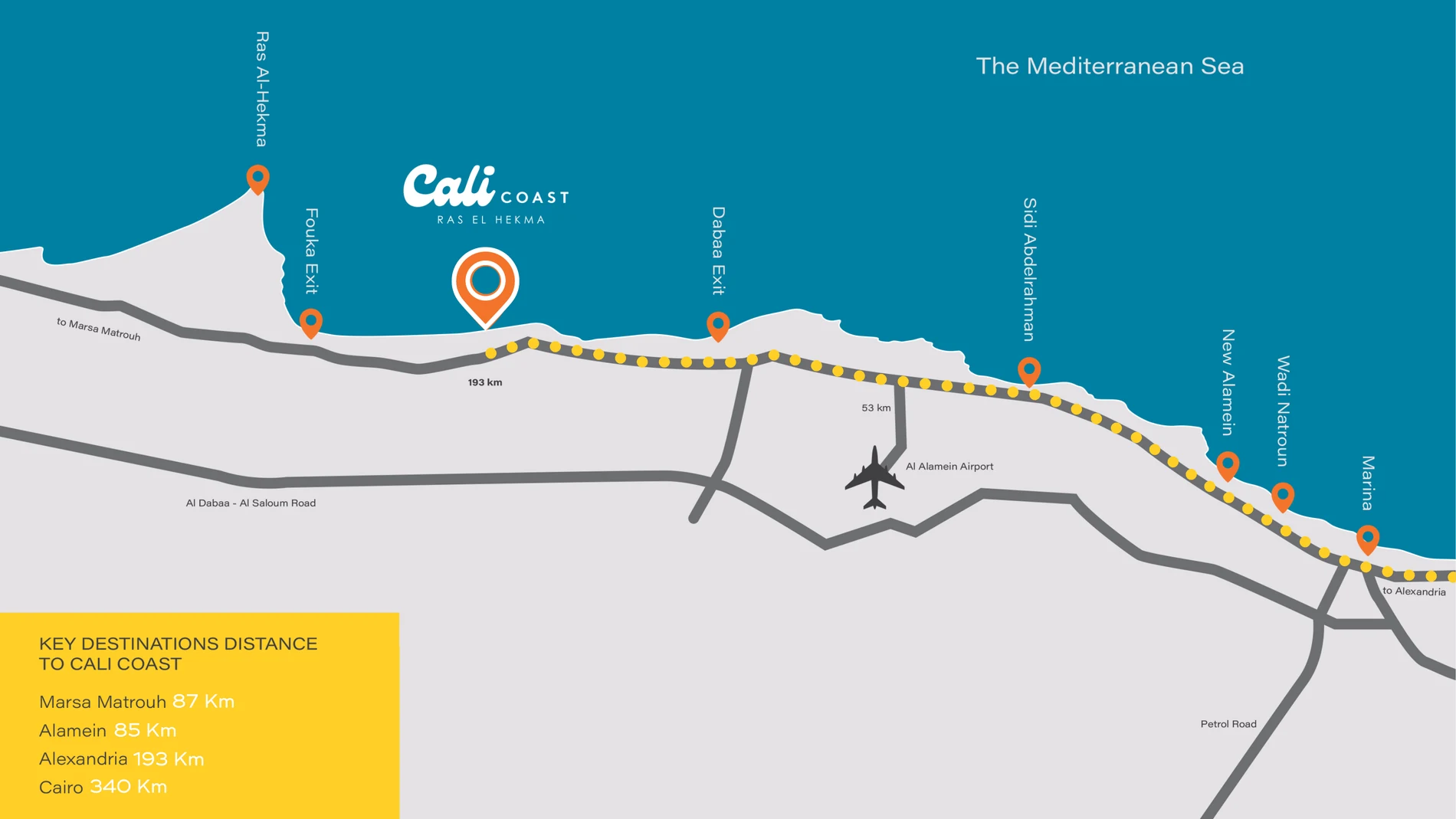Map showing Cali Coast at Kilo 193 in Ras El Hekma, between New Alamein and Marsa Matrouh